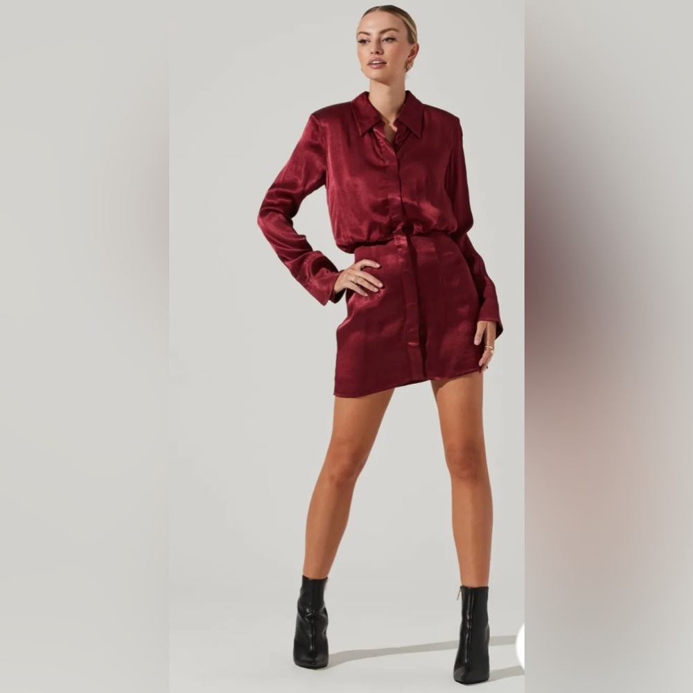 Astr The Label Ruth Burgundy Satin Shirt Dress size small - Picture 3 of 14